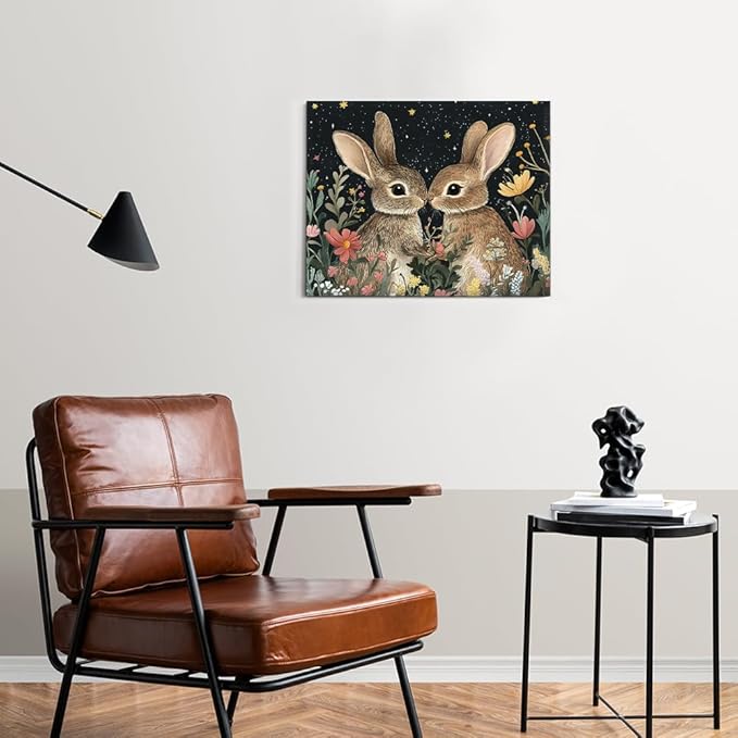 Aesthetic Rabbits Wall Art Decor Dark Witchy Rabbit Moon Celestial Canvas Print Poster Floral Framed Painting for Home Living Bedroom Decor 8x10 Inch