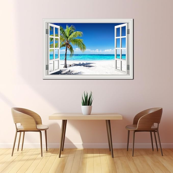 Ocean Wall Art Beach Picture for Living Room White Window Frame Style Palm Tree Art Print on Canvas Large Blue Sea View Painting Artwork for Bedroom Home Office Decoration, Ready to Hang(32"×48")