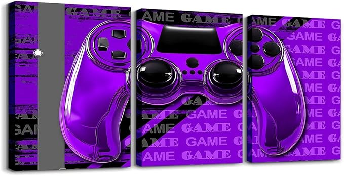 Feelyou Gamer Canvas Wall Art 12" x 16" 3 Piece Game Controller Office Wall Artwork Posters for Teens Adults Gaming Gifts Bathroom Wall Art for Home Gamepad Purple and Black Wall Painting