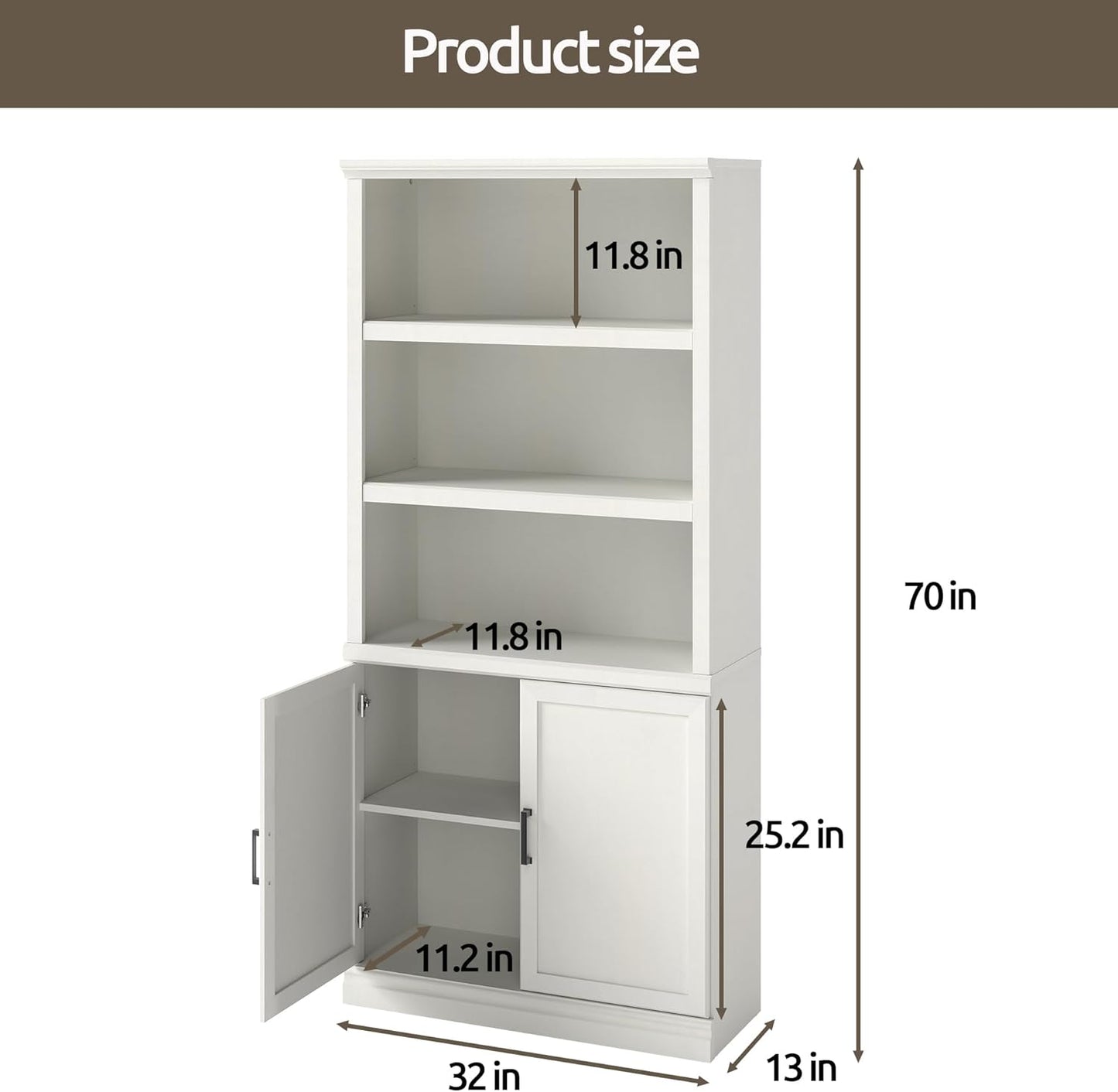70 Inch Tall Bookcase with Doors, Library Office Bookshelf with Adjustable Shelves, Floor Standing Storage Cabinet for Bedroom Living Room Organizer with Anti Tipping Kit, Soft White Finish