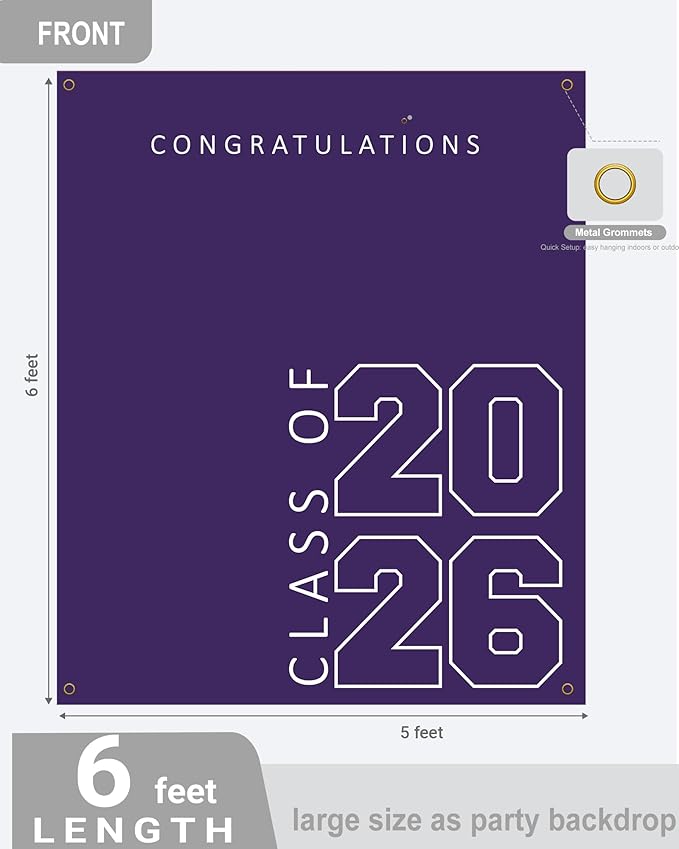 Class of 2026 Graduation Banner 5X6feet - Large CONGRATS GRAD Polyester Banner, Photo Backdrop & Wall Decor for Commencement Party Supplies, Purple and White Graduation Party Decorations for High School & College