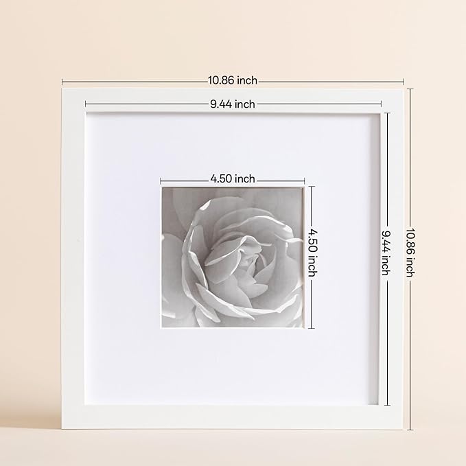 eletecpro 10x10 Picture Frames Set of 9 with Mat for 5x5 Photos or without Mat for 10x10, Square Gallery Wall Decor Collage for Picture Display, White Frame Set for Wall Hanging
