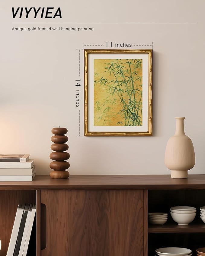 VIYYIEA Bamboo Detail Design Gold Framed Wall Art, Bamboo Painting, Vintage Framed Wall Decor, Picture Print Painting for Home Decor, 11 x 14 Inch