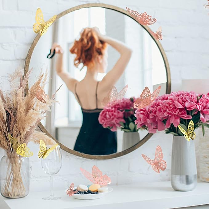 72 Pcs Butterfly Wall Decor, 3 Styles 3 Sizes 3D Butterfly, Gold and Rose Gold Butterfly, Wedding Decorations, Birthday Party Decorations, Girls Bedroom Decoration(72 Pcs, Gold and Rose Gold)