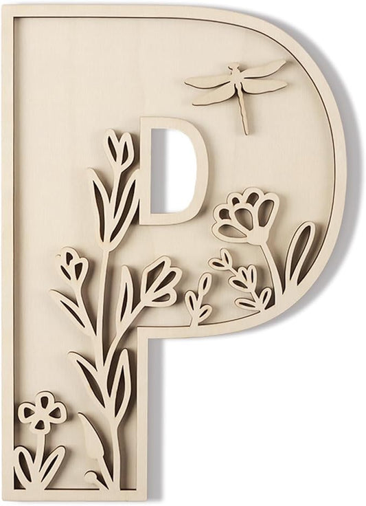 Layered 12 Inch Large Wooden Letters for Wall Decor, Flowered Paintable Wooden Nursery Letters for Crafts Wood Alphabet Letter P for Birthday Boho Nursery Name Sign Wedding Home Decoration