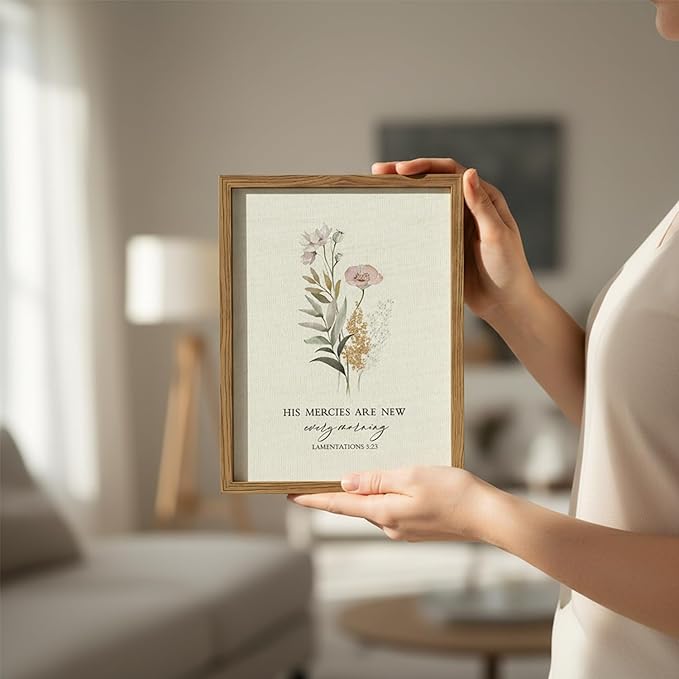 Christian Scripture Canvas Wall Art Bible Inspirational Poster Wall Decor His Mercies Are New Every Morning Pictures Print for Prayer Room Office Living Room Home Decoration 8x10 in Wood Framed