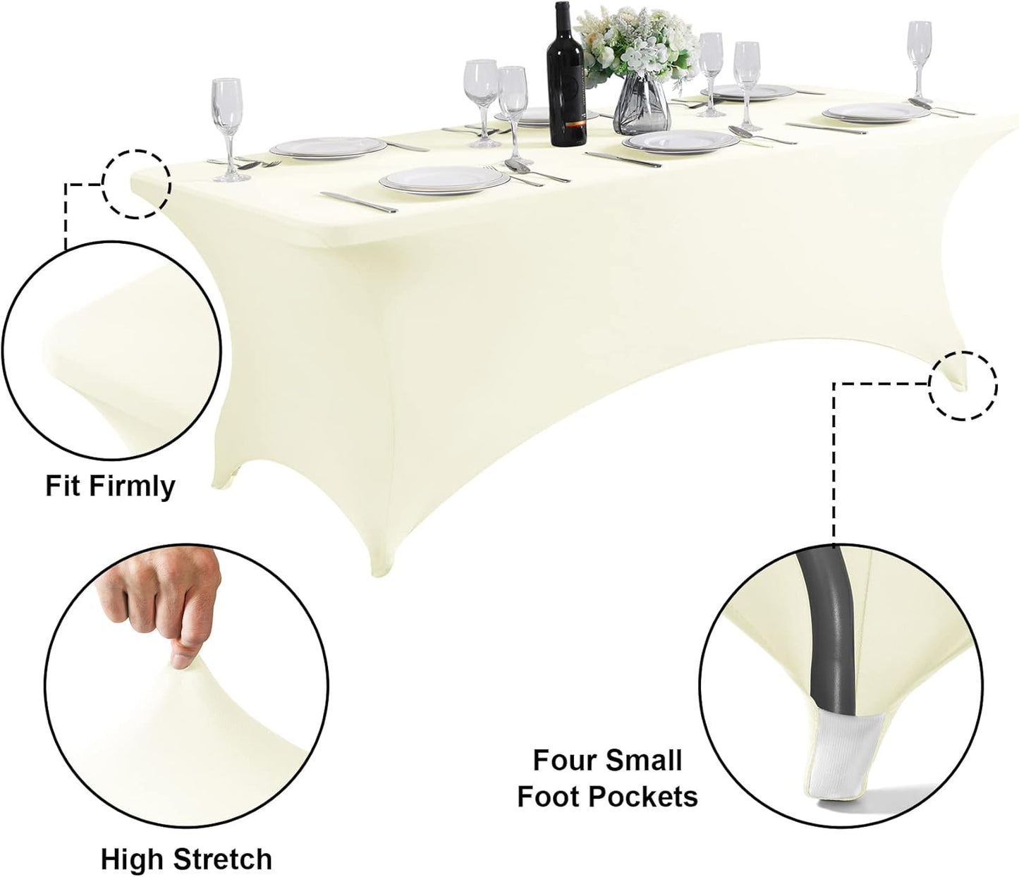 SuperO 2Pack Waterproof Spandex Table Cover for 6FT Table Universal Fitted Stretch Tablecloth for Party, Banquet, Wedding and Events-Ivory