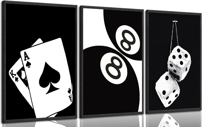 3Pcs Black and White Poker Dice Canvas Wall Art Lucky You Poster Prints Trendy Funky Preppy Y2K 8 Ball Pictures Artwork Aesthetic Painting for Game Room Apartment Dorm Decor 12x16in Unframed