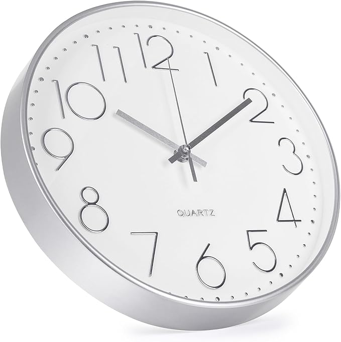 Wall Clock 10 Inch Non-Ticking Silent Modern Simple Style Round Decor Clock Silver Stereoscopic Dial Quartz Wall Clocks for Home/Office/School/Living Room/Bedroom/Kitchen