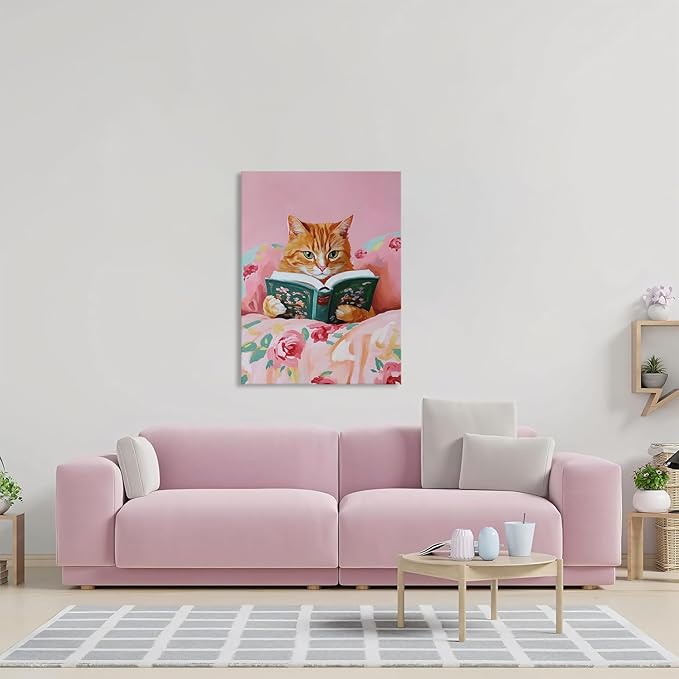 Framed Vintage Cats Canvas Wall Art, Funny Animal Reading Books Poster Printing Pictures, Pink Cute Cat Lovers Wall Decor for Girls Room Bedroom Kids Room Living Room Bathroom 16x24 in