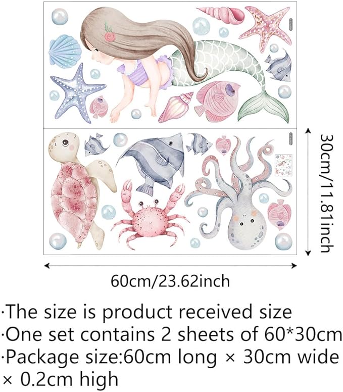 Mermaid Wall Decals，Under The Sea Animals Wall Stickers，Baby Girls Mermaid Wall Decals Stickers，Ocean Fish Turtle Wall Stickers Bathroom Girls Bedroom Baby Nursery Wall Decoration.
