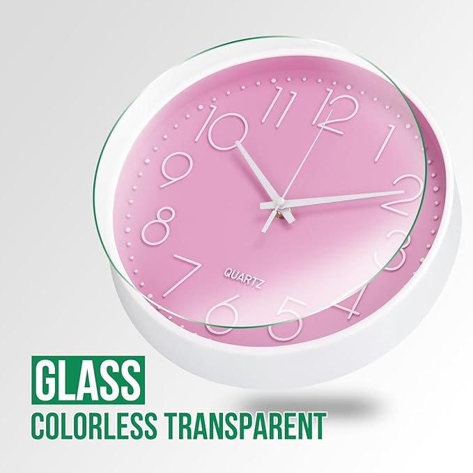 Wall Clock Non-Ticking Silent Modern Simple Style Round Decor Clock Stereoscopic Dial Quartz Wall Clocks for Home/Office/School/Living Room/Bedroom/Kitchen (Pink, 12inch)