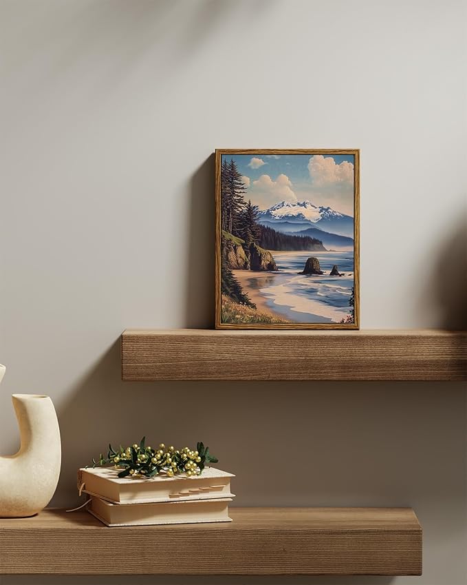 InSimSea Framed Canvas Wall Art, Vintage National Park Art for Living Room Hallway Shelf, 10x8in, Olympic Coastal Landscape Painting, Rustic Cozy Mid Century Small Nature Decor