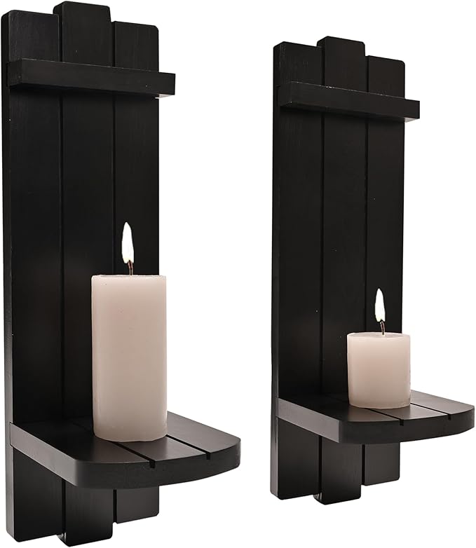 Sconces Set of 2, Large Rustic Candle Holder, Home Decor - Black Wall Art, Floating Candle Sconce Shelf for Living Room, Dining Room, Bedroom, Bathroom
