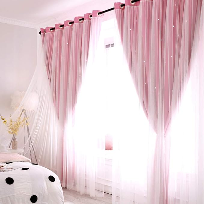 UNISTAR 2 Panels Stars Blackout and Sheer Curtains for Bedroom Girls Kids Baby Room, Double Layer Star Cut Out Living Room Window Curtain, W34 x L84 Inches Long, Pink
