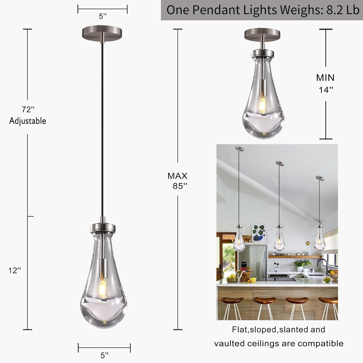 Raindrop Pendant Lights Set of 2, Nickel Pendant Lights Kitchen Island, Brushed Nickel Kitchen Island Light Dining Room Light Fixture, Chandelier for Bedroom Bathroom,Bulb Included