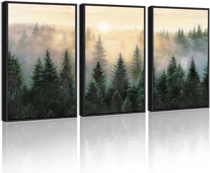 Drsoum Green Fog Pine Tree Landscape Wall Art Framed Nature Misty Nordic Forests Prints Morden Farmhouse Rustic Artwork Hallway Bedroom Ready to Hang 16x24in Black Framed