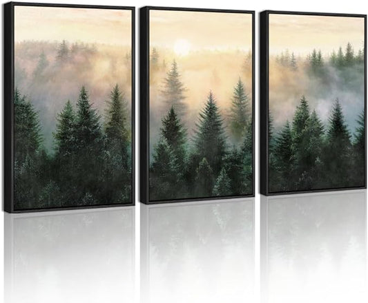 Drsoum Green Fog Pine Tree Landscape Wall Art Framed Nature Misty Nordic Forests Prints Morden Farmhouse Rustic Artwork Hallway Bedroom Ready to Hang 16x24in Black Framed