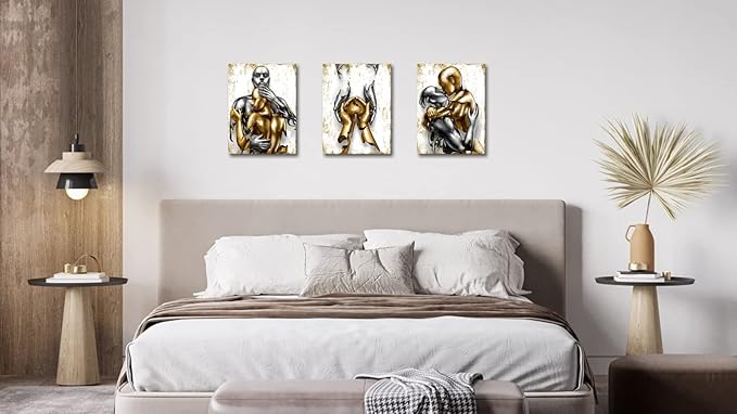 Visual Art Decor Black and Gold Love Decor Grey & Gold Hugging Couple Bedroom Wall Decor Picture Art Prints Framed Canvas Print (White, 12x16inchx3 Pieces)