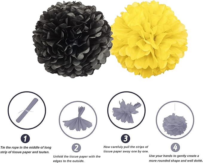 We Moment Black and Yellow Paper Pom Poms for Wedding Birthday Party Decoration - Ceiling Wall Hanging Tissue Flowers - 12pcs 2 Colors of 12 Inch 10 Inch