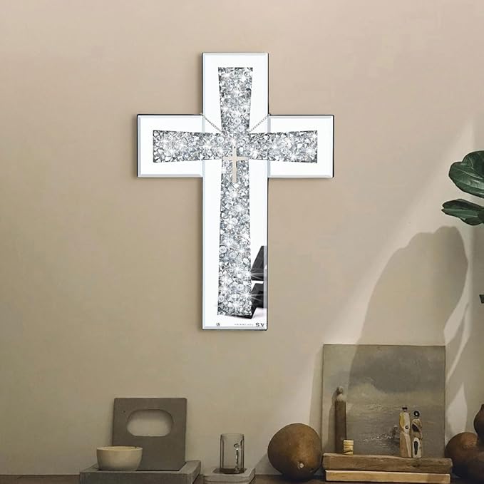 Cross Wall Decor, Silver Mirrored Cross for Living Room, Crystal Crush Diamond Mirror Crosses, Religious Wall Art, Home Decor