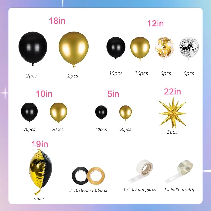 25pcs Black and Gold Foil Square Balloon Backdrop Wall &139pcs Gold Black Balloons Arch Kit, Double Sided Balloon Tunnel for Birthday 2025 New Year Graduation Party Decoration