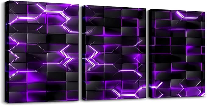 Feelyou Purple and Black Picture Wall Decor 12"x16" 3 Piece Honeycomb Canvas Wall Art Decor Hexagon Theme Office Decorations Artwork Posters Geometrical Beehive Painting