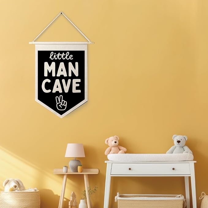 Qpenm Little Man Cave Wall Hanging Canvas Banner, Boys Room Decor, Modern Black and White Peace Sign Nursery Hanging Pennant Flag Posters Prints for Toddler Baby Little Boy Kids Room Playroom Decor