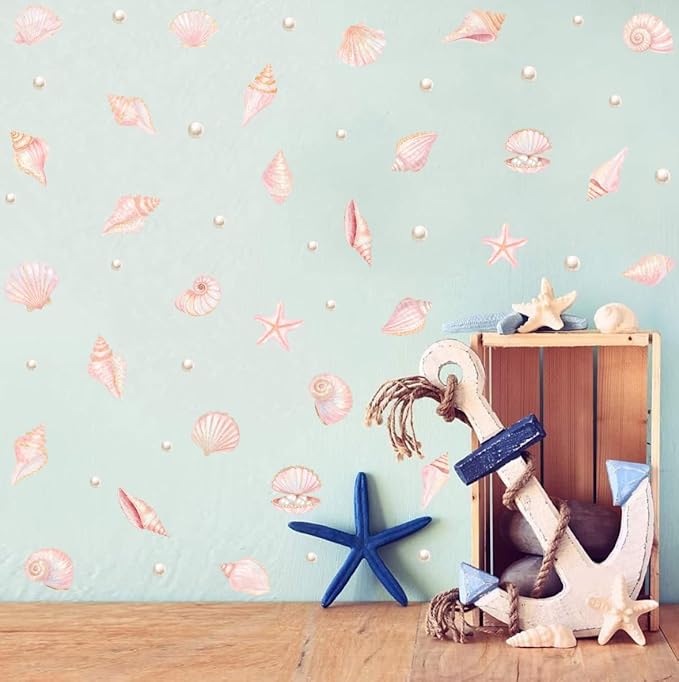 Pink Shell Wall Decal, Watercolor Under The Sea Shell Vinyl Wall Stickers, Removable Ocean Themed Seashell Artwork for Girls Bedroom Kids Room Bathroom Decor