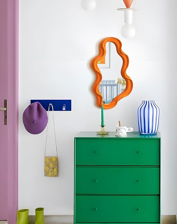 Small Decorative Mirror for Girly Bedroom Dresser Decor, Vivid Abstract Wavy Wall Mirrors for Home Aesthetic Book Coffee Shop Hotel Decoration, Unique Gift for Birthday Thanksgiving (Orange)