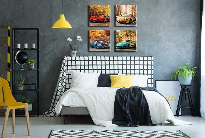 DJSYLIFE Car Posters Boys Room Decor Wall Art Giclee Canvas Prints Autumn Landscape Red Sport Car Pictures Modern Artwork for Bedroom Home Decorations Painting 12x12 inchesx4 Framed Ready to Hang