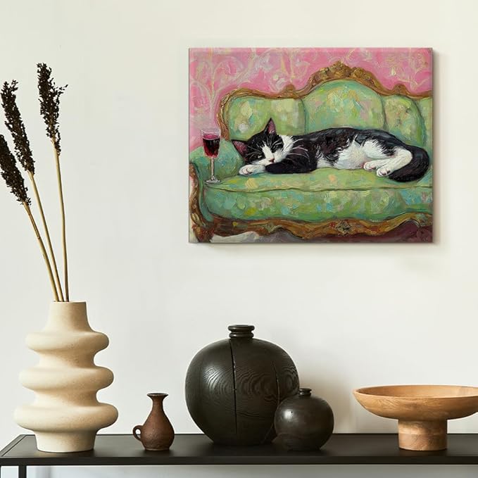 Fun Cat Wall Art Decor Cute Cat on Couch Quirky Canvas Print Poster Trendy Framed Painting Wall Decorations for Dining Room Living Room 8x10 Inch