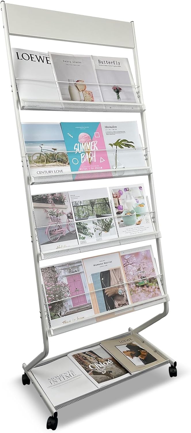 tongmo Floor-Standing Magazine Rack 4-Layer with Wheels, Brochure Display Stand, High-hardness metal for Exhibitions, Office, and Any Organization Requiring Information Display (White)