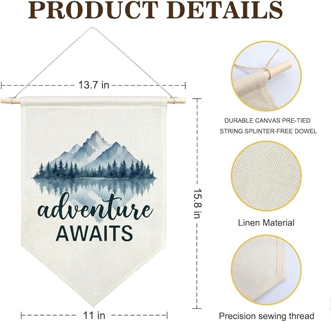 AGMDESIGN Adventure Awaits Canvas Hanging Pennant Flag Banner, Adventure Nursery Decor, Home Office School Classroom Kids Room Playroom Nursery Bedroom Camper Flag Decor, Boy Room Wall Decor