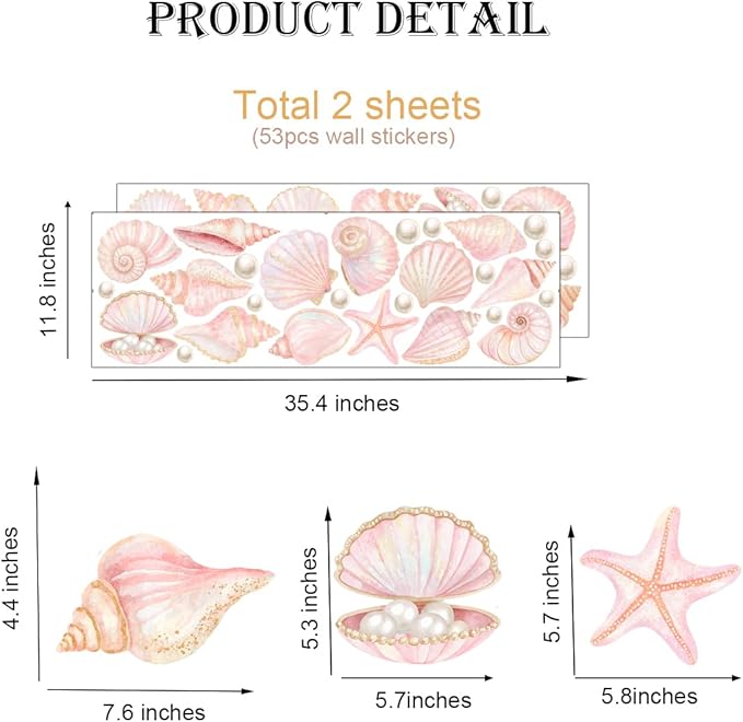 Pink Shell Wall Decal, Watercolor Under The Sea Shell Vinyl Wall Stickers, Removable Ocean Themed Seashell Artwork for Girls Bedroom Kids Room Bathroom Decor