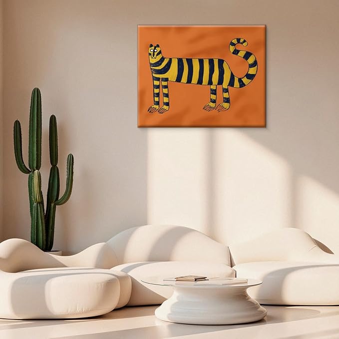 Trendy Tiger Canvas Wall Art Print Stylish Whimsical Tiger Picture Painting Artwork Orange Modern Wall Decor for Home Living Room Bedroom 8x10 Framed