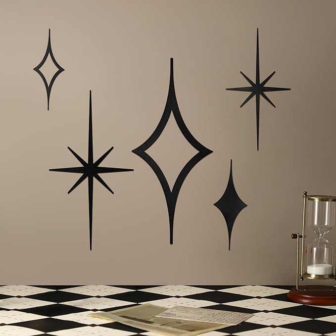 Yaocom 5 Pieces Mid Century Wall Decor Black Metal Vintage Starburst Retro Decor Mcm Wall Art Sculpture Mid Century Elegance Accents Diamond Star Bursts Vintage Style Home Decoration
