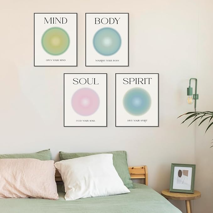 PLKMN Mind Body Soul Spirit Wall Art Prints,Energy Spiritual Positive Aura Posters For Room Aesthetic, Colorful Aura Poster Energy Wall Art for Bedroom Yoga 8x10 Inch Set of 4 Unframed