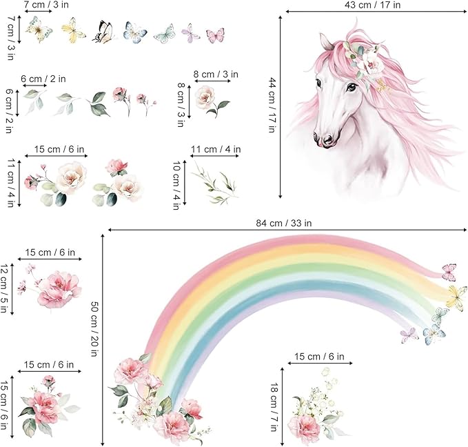 wondever Large Rainbow Wall Decals Horse Flower Peel and Stick Wall Art Stickers for Girls Bedroom Kids Room Baby Nursery