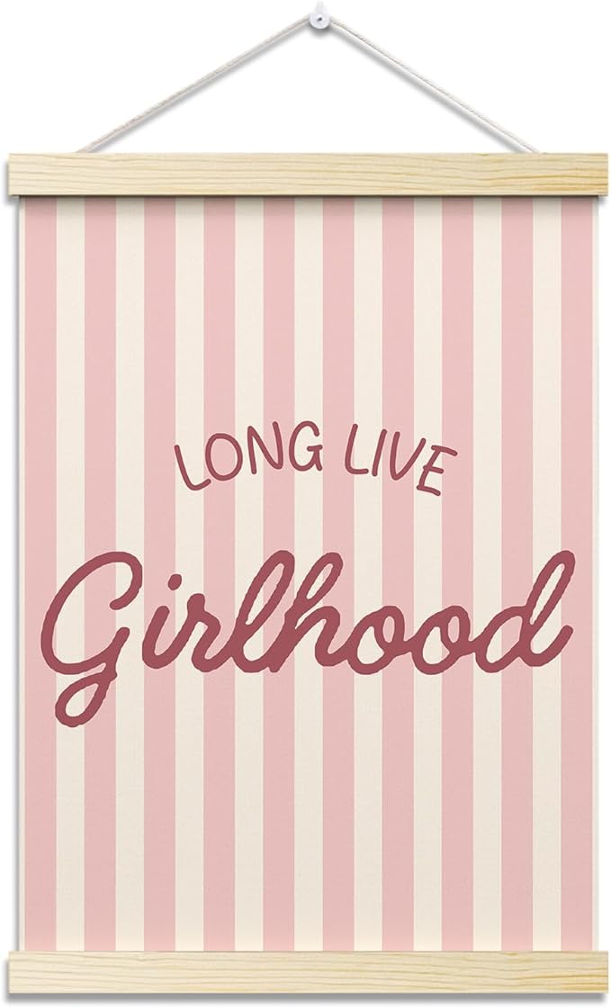 Long Live Girlhood Posters Hanger Frame for Girls Room Pink Hanging Poster for Bedroom Kids Room Classroom Decor Stripes Wall Art Decor for Nursery Playroom Canvas Wall Art Print 16x12 Inches - YY050