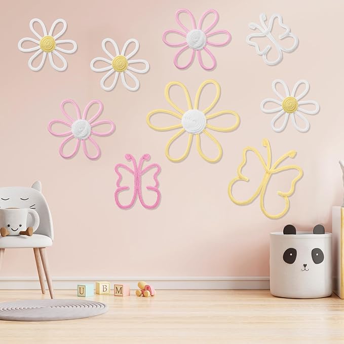 Wesiti 9 Pcs Boho Nursery Decor 3 Size Daisy Flower and Butterflies Woven Macrame Wall Hanging for Home Nursery Bedroom Dorm Wall Art (Bright Color)