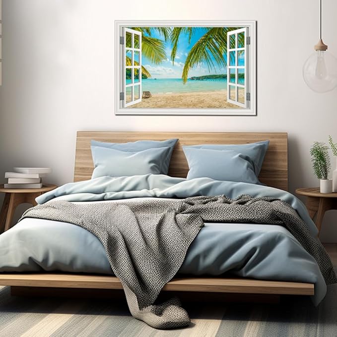 Beach Wall Art Decor Tropical Ocean Canvas Picture for Living Room White Window Frame Style Blue Seascape Paiting for Bedroom Coastal Theme Landscape for Home Office Decorations Ready to Hang(24"*36")