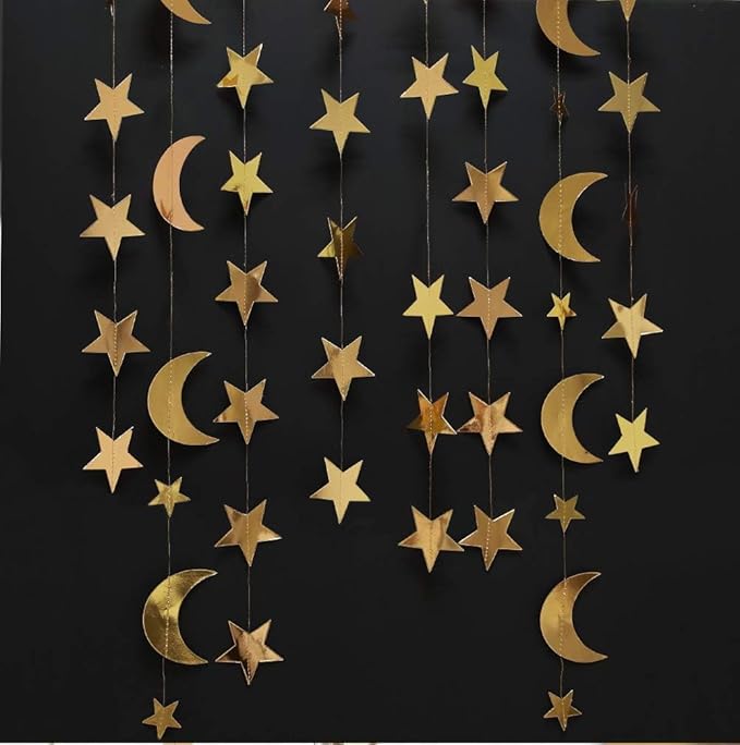 Decor365 Gold Moon Star Garland Ramadan Decorations Twinkle Little Star Two the Moon Birthday Party Decoration Whimsical Decor Starry New Year Eve Banner Hanging Stars Baby Shower EID Muburak Decor