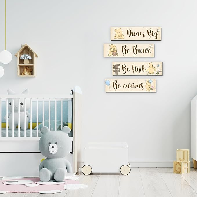 BirtDerr 4Pcs Winnie Nurasy Decor-Winnie Bedroom Wall Decor-Adorable the Pooh Sign for Baby Room-the Pooh Nursery Decor-Baby Shower Decorations(Classic)