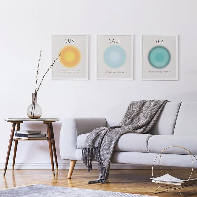 PLKMN Aura Poster Set of 3, Sun Salt Sea Posters, Coastal Room Decor, Beach Energy Aura Posters for Room Aesthetic, Colorful Aura Wall Art for Bedroom Yoga, 8x10 Inch (Unframed)