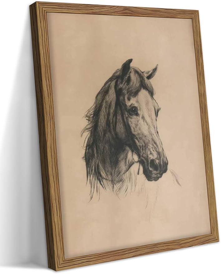 Framed Horse Wall Art, Vintage Horse Head Sketch Canvas Print, Farmhouse Animal Wall Decor, Classic Country Pictures Artwork for Living Room Bedroom Home Decor – 8x10 inch