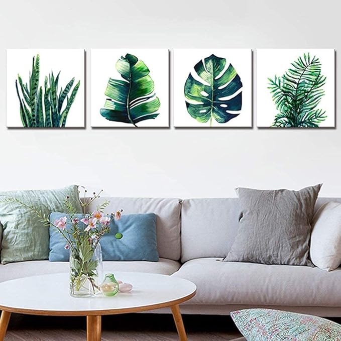 YOOOAHU Green Leaf Wall Art Room Decor Bathroom Bedroom Home Decoration Watercolor Painting Pictures Framed Canvas Prints Boho Tropical Plant Leaves Monstera Botanical White Set of 4 Pcs 24 × 24 Inch
