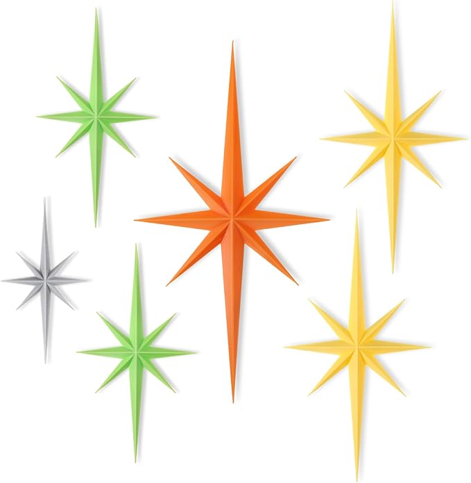 Mid Century Modern Wall Deco,6 Pcs 3D Retro Starburst Art Wall Sculpture, 8 Pointed Atomic Stars Whimsigoth Home Decor Vintage Wall Decor