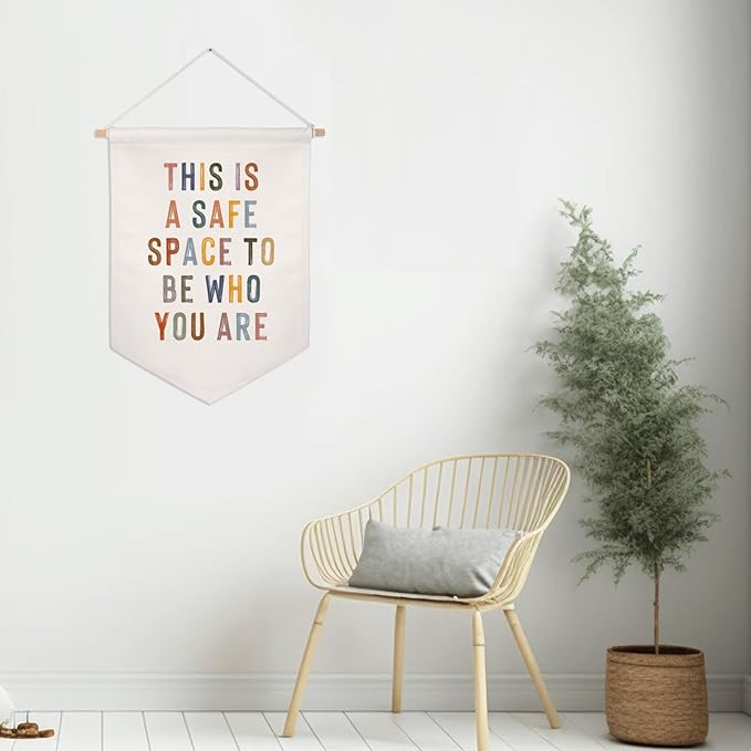 This Is A Safe Space Wall Hanging Banner, Therapy Office Wall Decor, School Counselor, Psychologist Wall Hanging, Classroom Pennant Flag, School Counselor Sign, Calming Corner, Growth Mindset