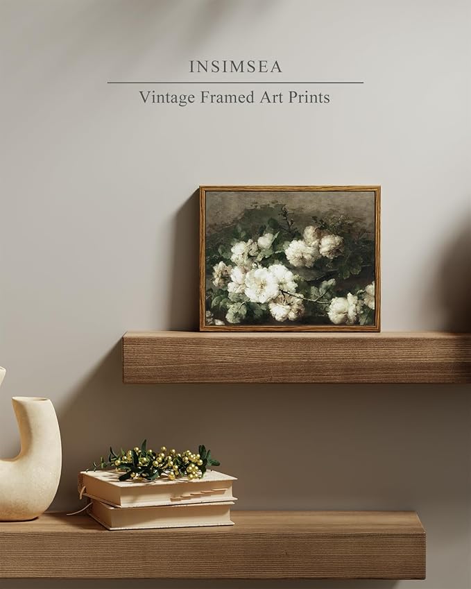 InSimSea Framed Canvas Wall Art Vintage Decor, Vintage Flower Pictures Decor Aesthetic, Small Wall Art, Desk Shelf Decor, Floral Paintings Decor for Bedroom Bedroom Office Decor, 8"x10"